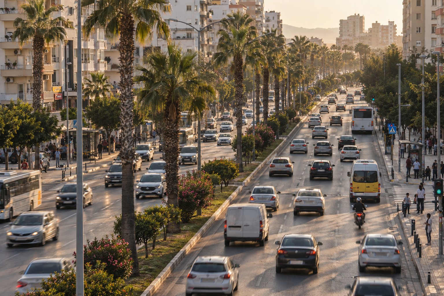 Palmiyeli bir caddede akşam trafiği